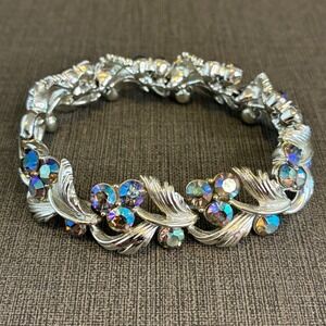 Vintage Rhinestone Bracelet Lisner Aurora Borealis Silver Tone Leaf Design